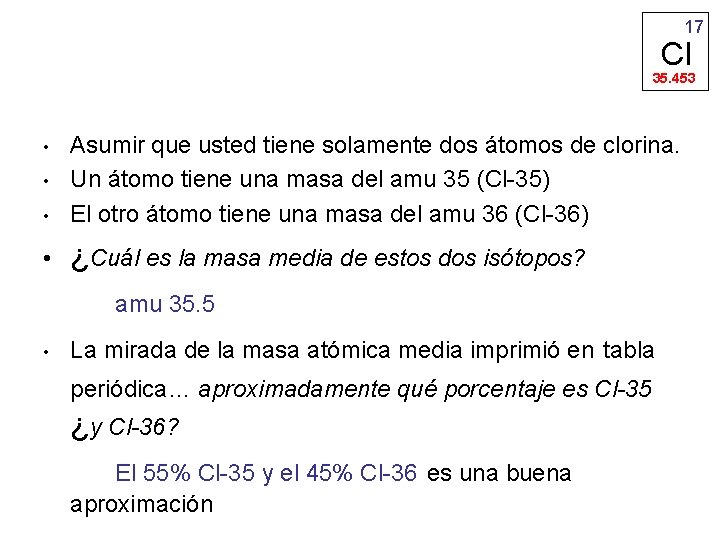 17 Cl 35. 453 • Asumir que usted tiene solamente dos átomos de clorina.