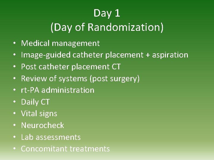 Day 1 (Day of Randomization) • • • Medical management Image-guided catheter placement +