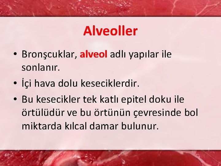Alveoller • Bronşcuklar, alveol adlı yapılar ile sonlanır. • İçi hava dolu keseciklerdir. •