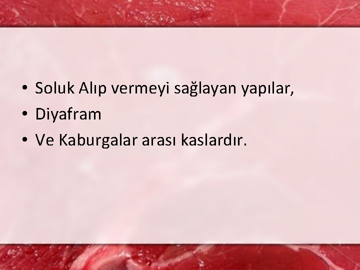  • Soluk Alıp vermeyi sağlayan yapılar, • Diyafram • Ve Kaburgalar arası kaslardır.