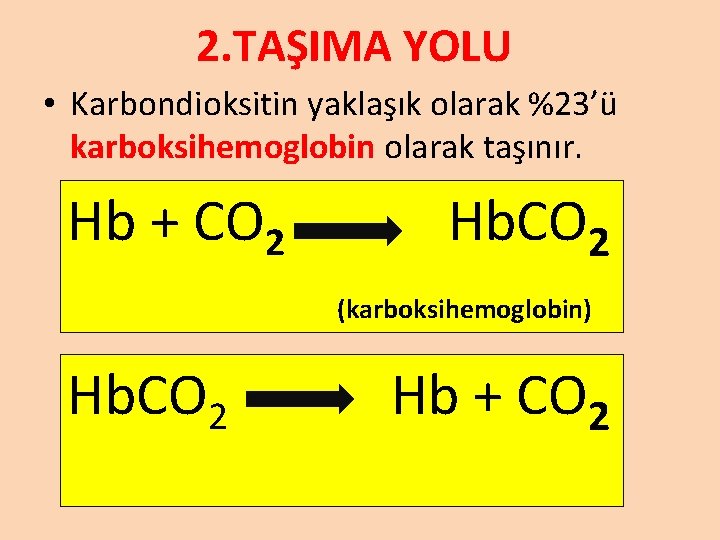 2. TAŞIMA YOLU • Karbondioksitin yaklaşık olarak %23’ü karboksihemoglobin olarak taşınır. Hb + CO