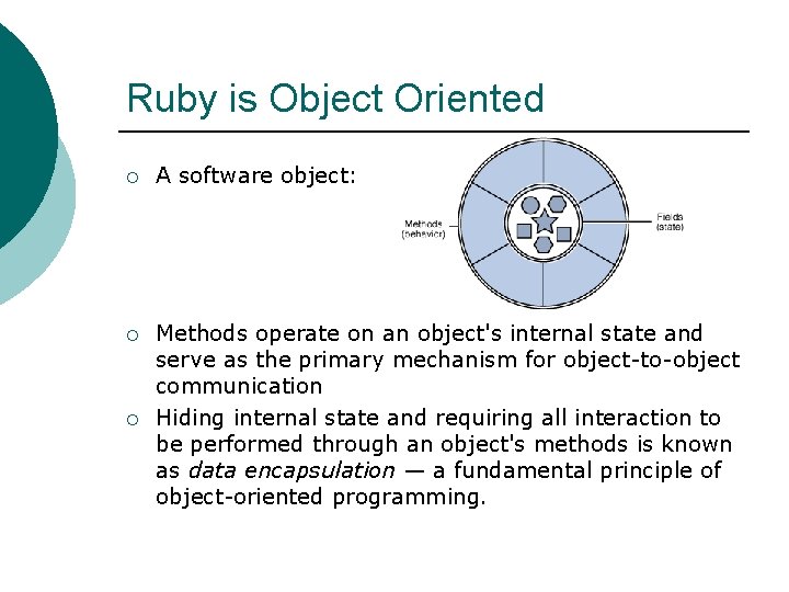 Ruby is Object Oriented ¡ A software object: ¡ Methods operate on an object's