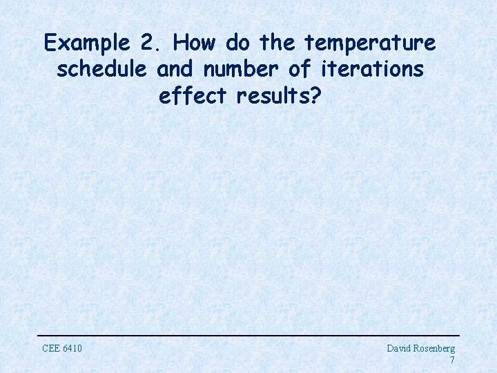 Example 2. How do the temperature schedule and number of iterations effect results? CEE