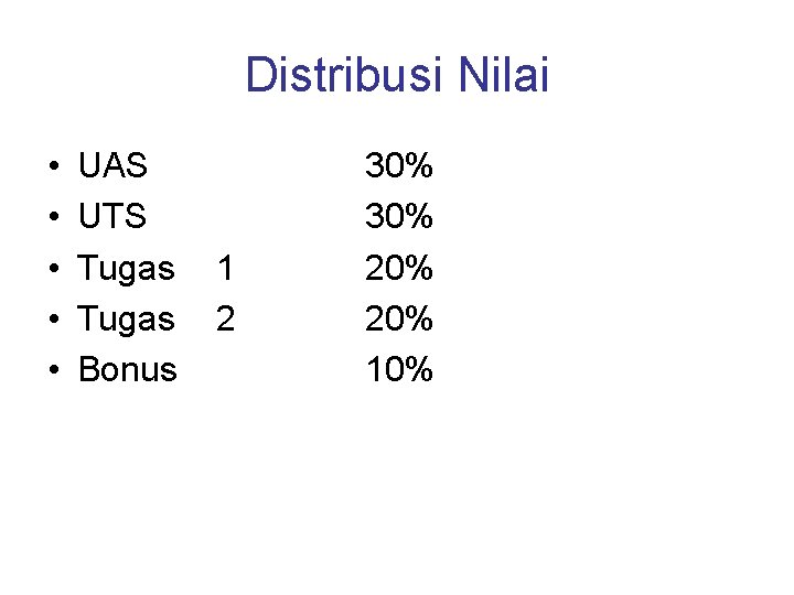Distribusi Nilai • • • UAS UTS Tugas 1 Tugas 2 Bonus 30% 20%