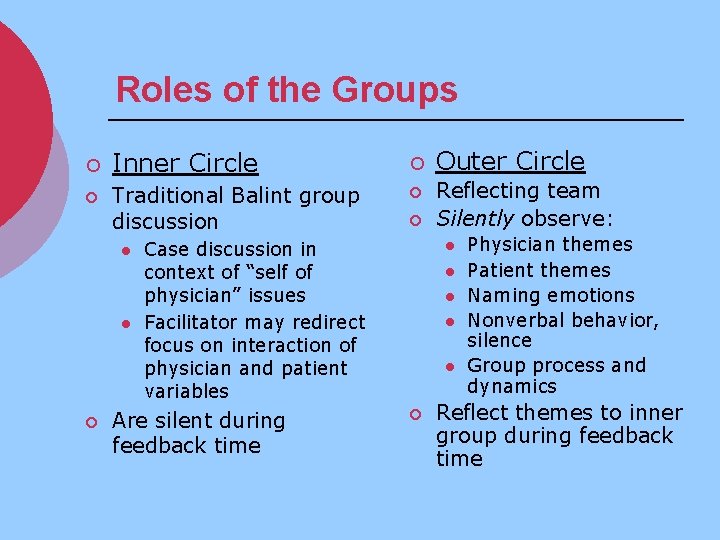 Roles of the Groups ¡ ¡ Inner Circle ¡ Traditional Balint group discussion ¡