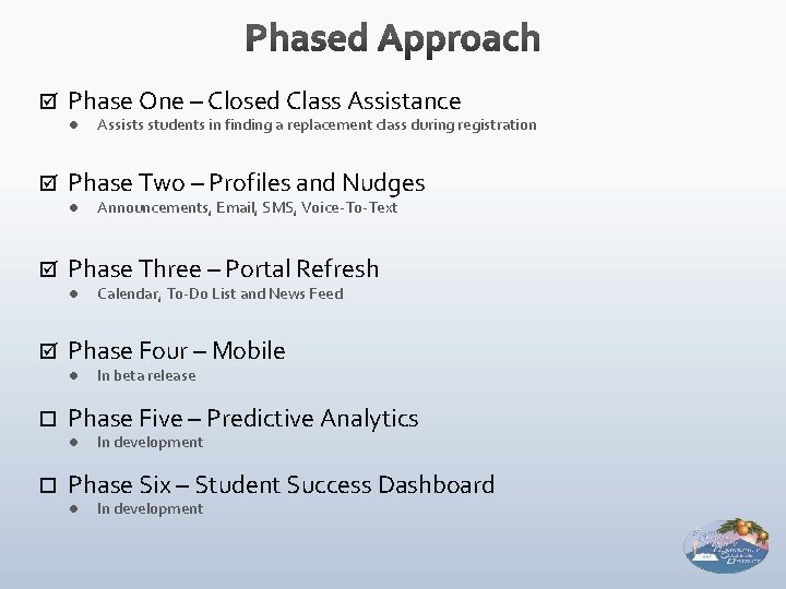  Phase One – Closed Class Assistance l Phase Two – Profiles and Nudges