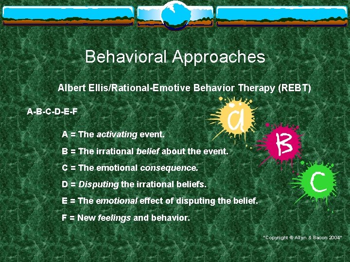 Behavioral Approaches Albert Ellis/Rational-Emotive Behavior Therapy (REBT) A-B-C-D-E-F A = The activating event. B