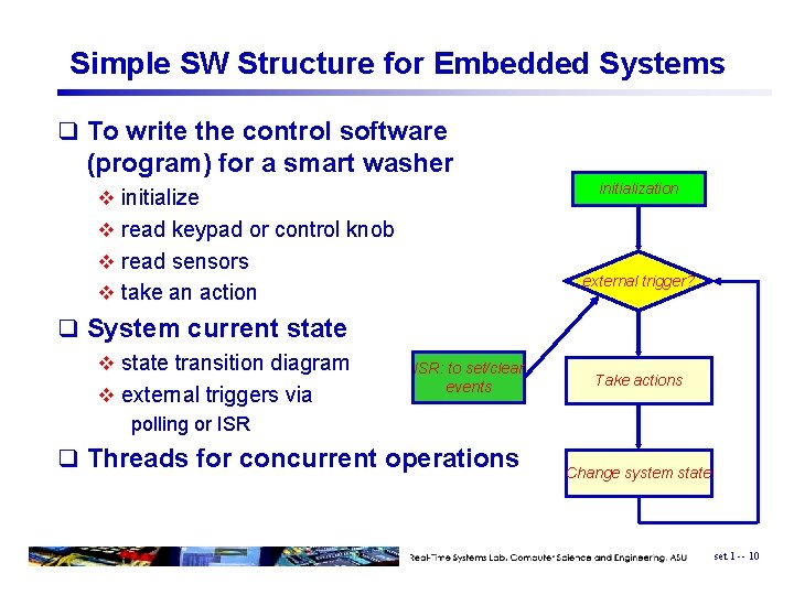 Simple SW Structure for Embedded Systems q To write the control software (program) for