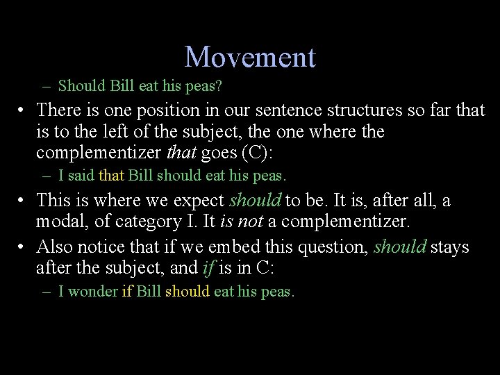 Movement – Should Bill eat his peas? • There is one position in our