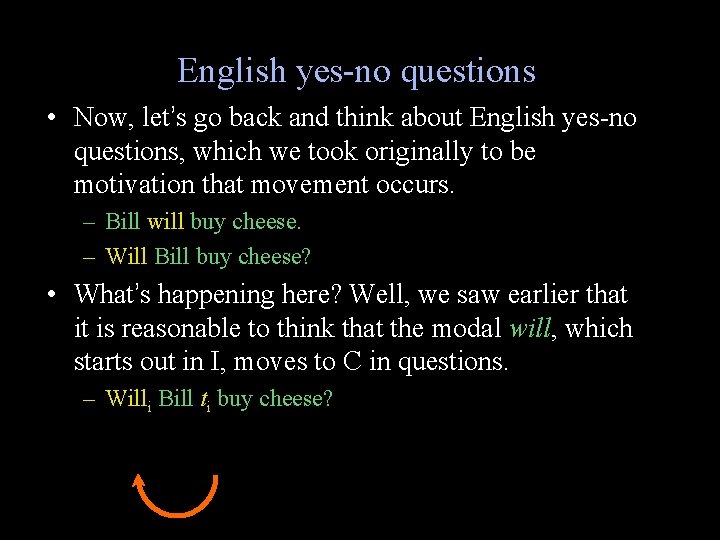 English yes-no questions • Now, let’s go back and think about English yes-no questions,