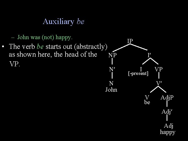 Auxiliary be – John was (not) happy. • The verb be starts out (abstractly)