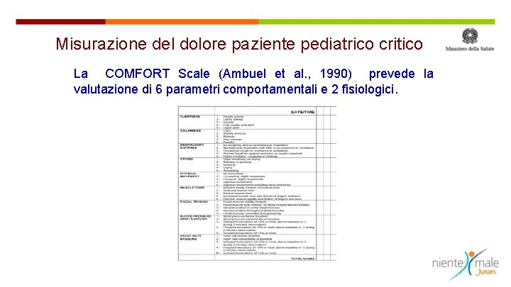 Misurazione del dolore paziente pediatrico critico La COMFORT Scale (Ambuel et al. , 1990)