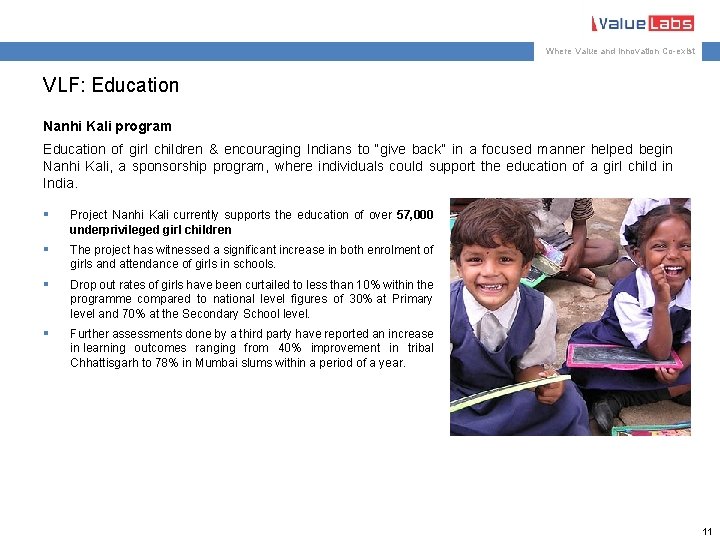 Where Value and Innovation Co-exist VLF: Education Nanhi Kali program Education of girl children