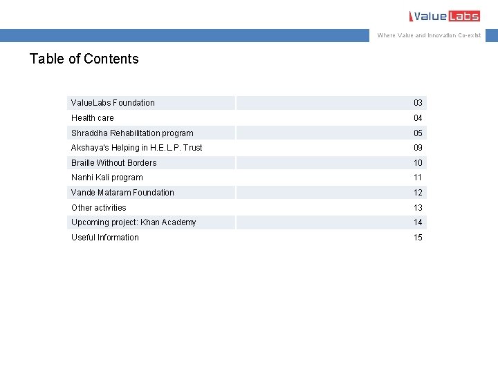 Where Value and Innovation Co-exist Table of Contents Value. Labs Foundation 03 Health care