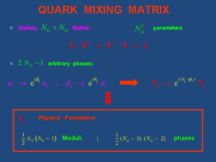 QUARK MIXING MATRIX l Unitary l Matrix: parameters arbitrary phases: Physical Parameters: Moduli ;
