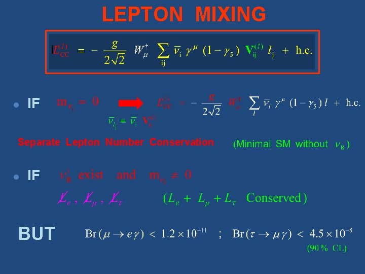 LEPTON MIXING l IF Separate Lepton Number Conservation l IF BUT 