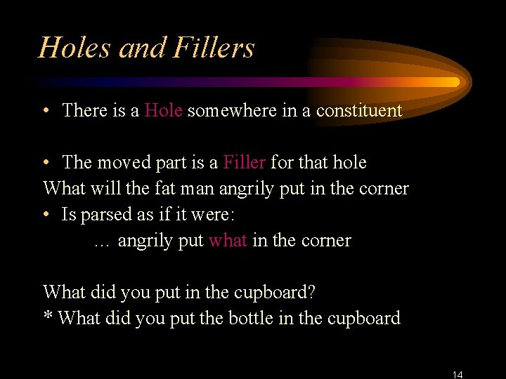 Holes and Fillers • There is a Hole somewhere in a constituent • The