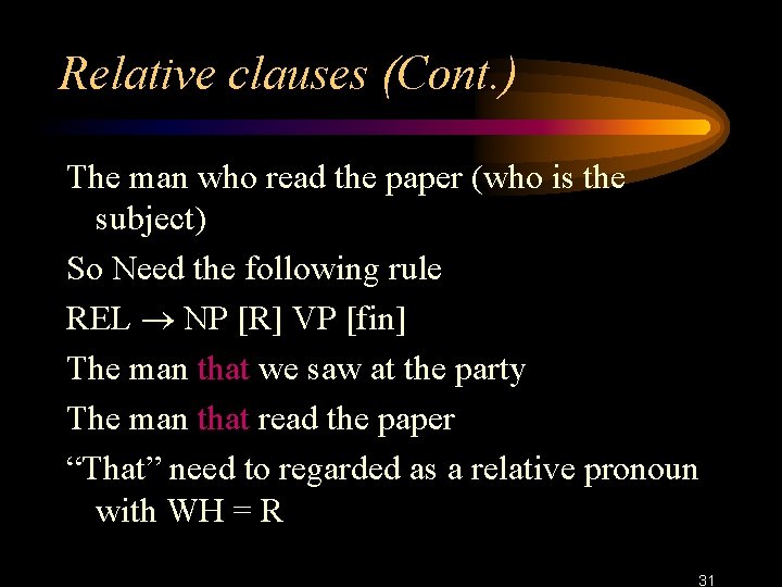 Relative clauses (Cont. ) The man who read the paper (who is the subject)