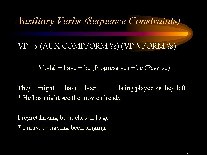 Auxiliary Verbs (Sequence Constraints) VP (AUX COMPFORM ? s) (VP VFORM ? s) Modal