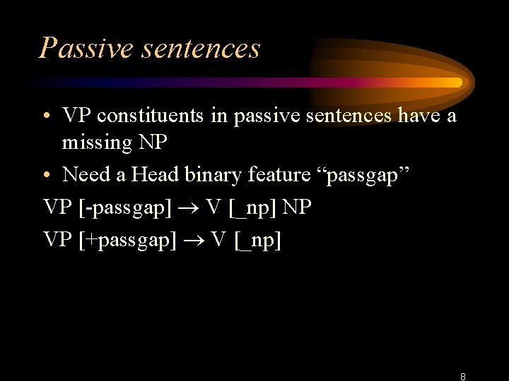 Passive sentences • VP constituents in passive sentences have a missing NP • Need