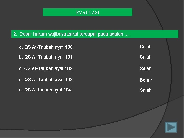 EVALUASI 2. Dasar hukum wajibnya zakat terdapat pada adalah. . a. QS At-Taubah ayat