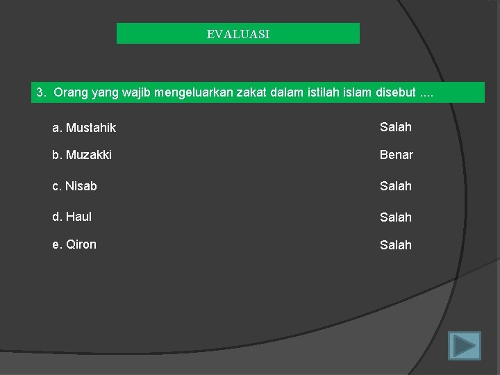 EVALUASI 3. Orang yang wajib mengeluarkan zakat dalam istilah islam disebut. . a. Mustahik
