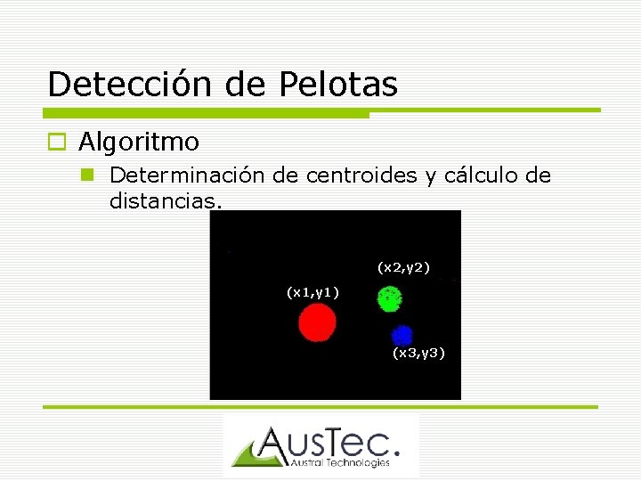 Detección de Pelotas Algoritmo Determinación de centroides y cálculo de distancias. (x 2, y