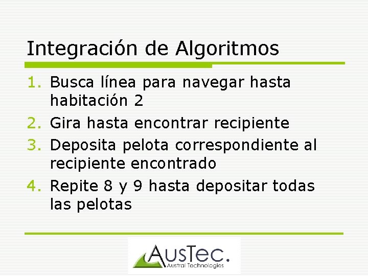 Integración de Algoritmos 1. Busca línea para navegar hasta habitación 2 2. Gira hasta