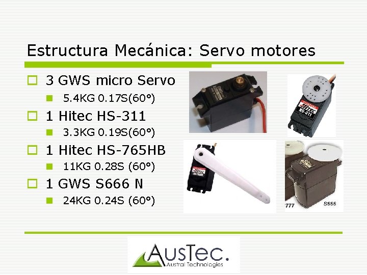Estructura Mecánica: Servo motores 3 GWS micro Servo 5. 4 KG 0. 17 S(60°)