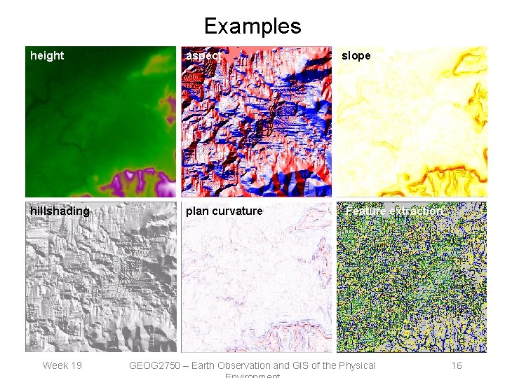 Examples height aspect hillshading plan curvature Week 19 slope Feature extraction GEOG 2750 –