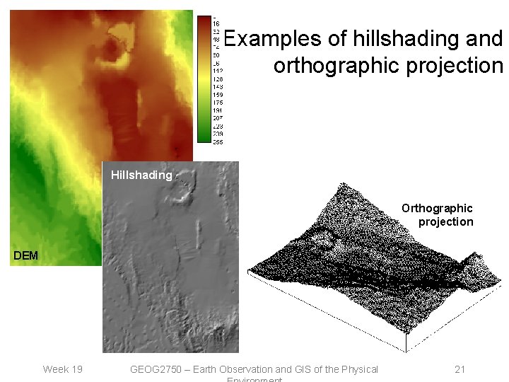 Examples of hillshading and orthographic projection Hillshading Orthographic projection DEM Week 19 GEOG 2750