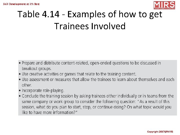 Skill Development at it’s Best Table 4. 14 - Examples of how to get