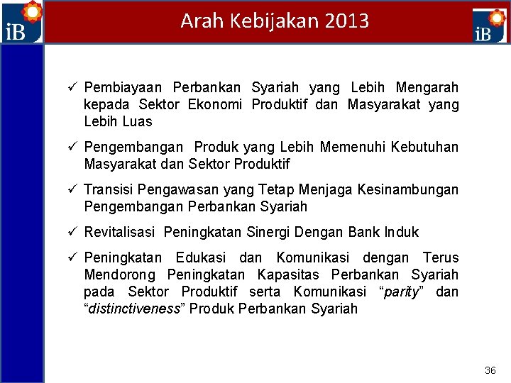 Arah Kebijakan 2013 ü Pembiayaan Perbankan Syariah yang Lebih Mengarah kepada Sektor Ekonomi Produktif
