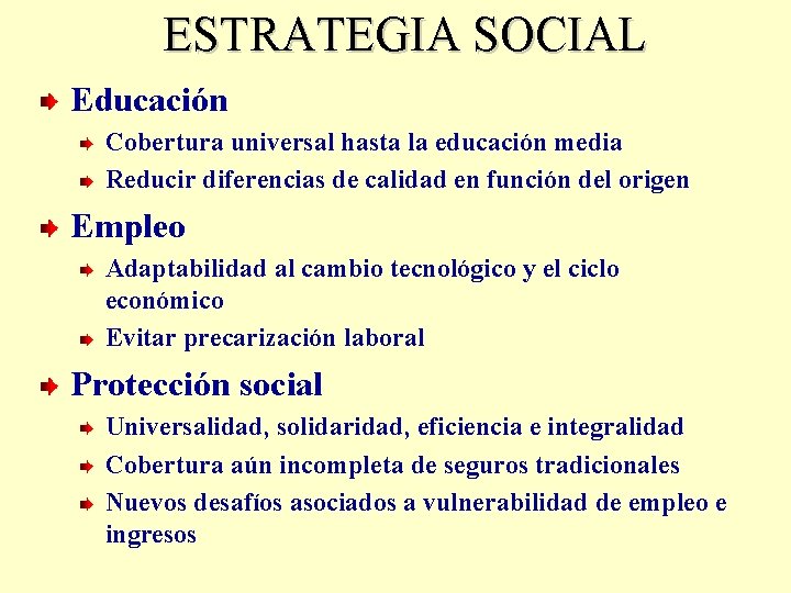 ESTRATEGIA SOCIAL Educación Cobertura universal hasta la educación media Reducir diferencias de calidad en