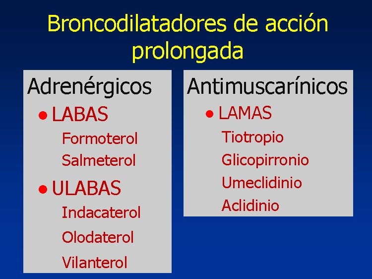 Broncodilatadores de acción prolongada Adrenérgicos ● LABAS Formoterol Salmeterol ● ULABAS Indacaterol Olodaterol Vilanterol