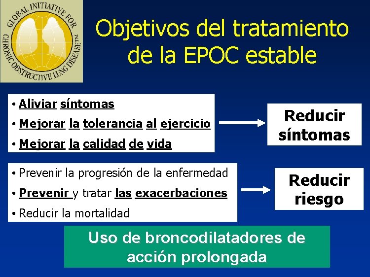 Objetivos del tratamiento de la EPOC estable • Aliviarsíntomas • Mejorar al ejercicio Mejorarlalatolerancia