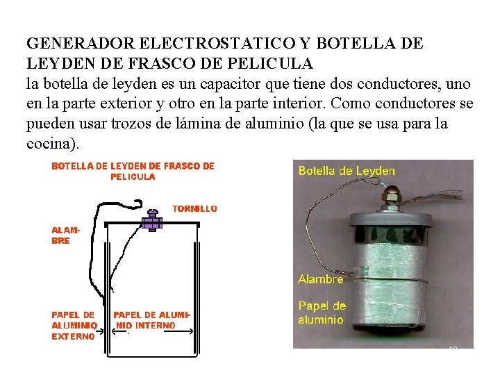 GENERADOR ELECTROSTATICO Y BOTELLA DE LEYDEN DE FRASCO DE PELICULA la botella de leyden