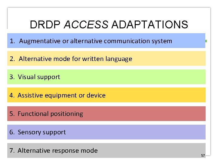DRDP ACCESS ADAPTATIONS 1. Augmentative or alternative communication system 2. Alternative mode for written