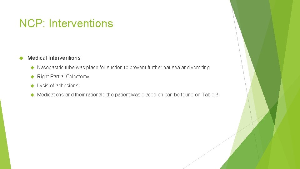 NCP: Interventions Medical Interventions Nasogastric tube was place for suction to prevent further nausea