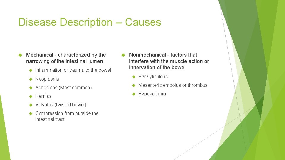 Disease Description – Causes Mechanical - characterized by the narrowing of the intestinal lumen