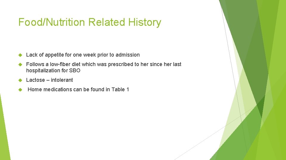 Food/Nutrition Related History Lack of appetite for one week prior to admission Follows a