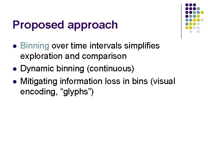 Proposed approach l l l Binning over time intervals simplifies exploration and comparison Dynamic