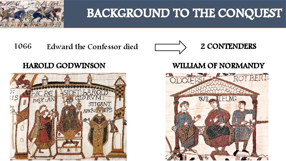 BACKGROUND TO THE CONQUEST 1066 Edward the Confessor died HAROLD GODWINSON 2 CONTENDERS WILLIAM