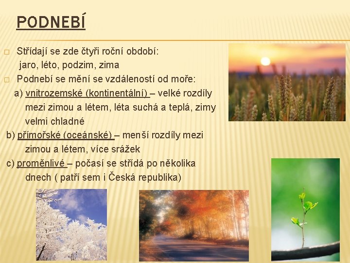 PODNEBÍ Střídají se zde čtyři roční období: jaro, léto, podzim, zima � Podnebí se
