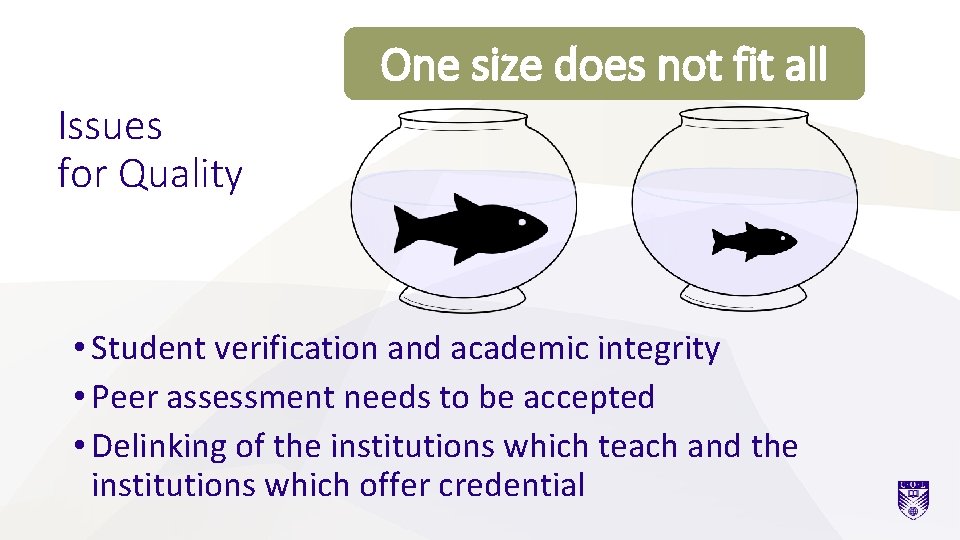 One size does not fit all Issues for Quality • Student verification and academic