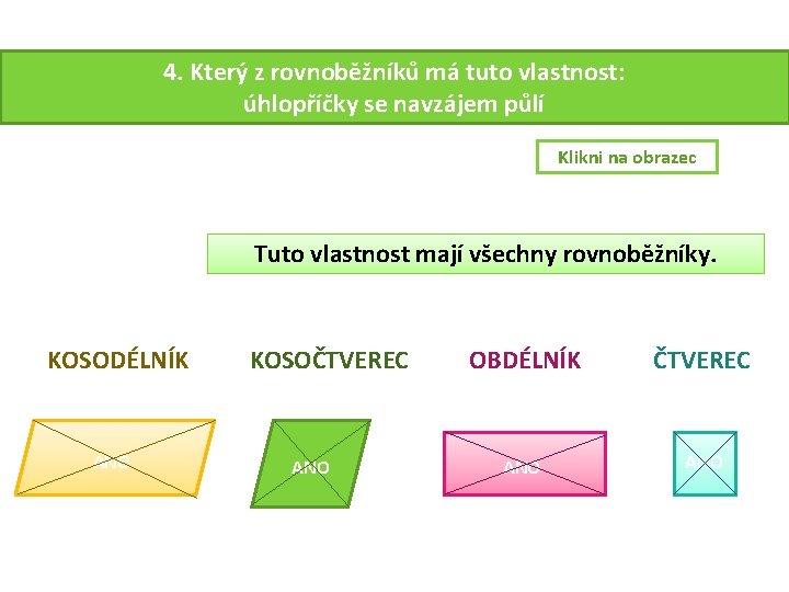 4. Který z rovnoběžníků má tuto vlastnost: úhlopříčky se navzájem půlí Klikni na obrazec