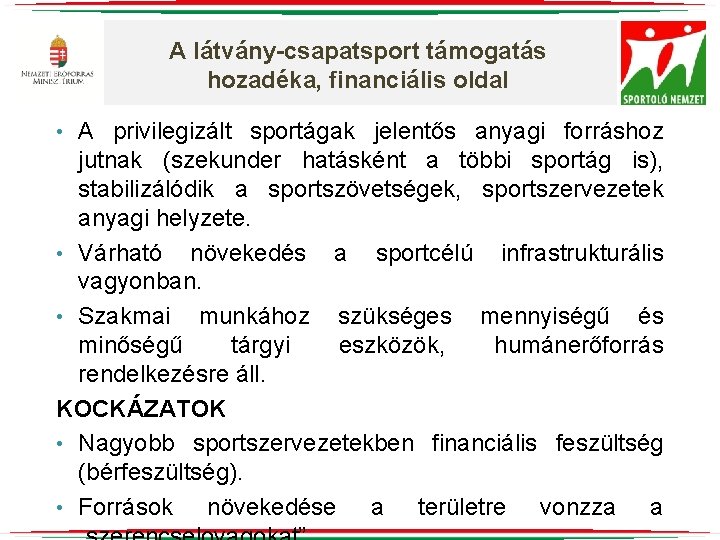 A látvány-csapatsport támogatás hozadéka, financiális oldal A privilegizált sportágak jelentős anyagi forráshoz jutnak (szekunder