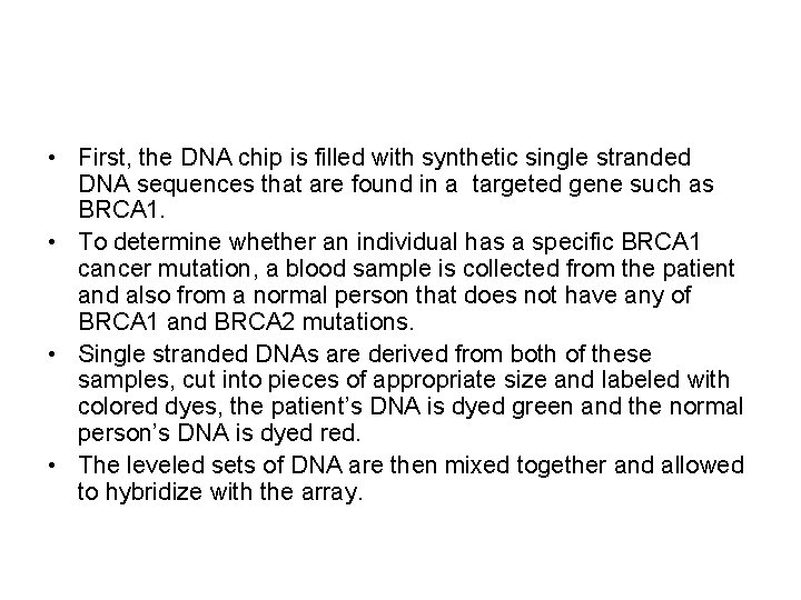  • First, the DNA chip is filled with synthetic single stranded DNA sequences