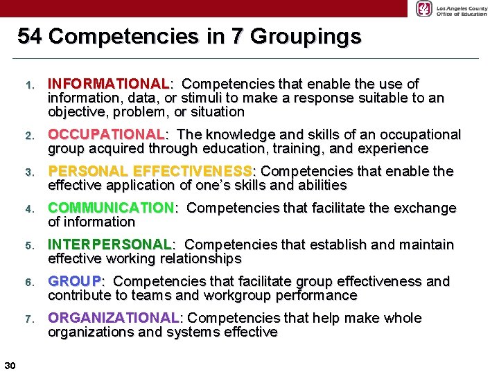 54 Competencies in 7 Groupings 30 1. INFORMATIONAL: Competencies that enable the use of