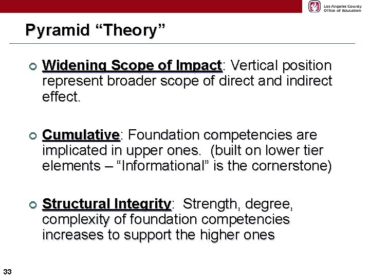 Pyramid “Theory” 33 ¢ Widening Scope of Impact: Vertical position represent broader scope of